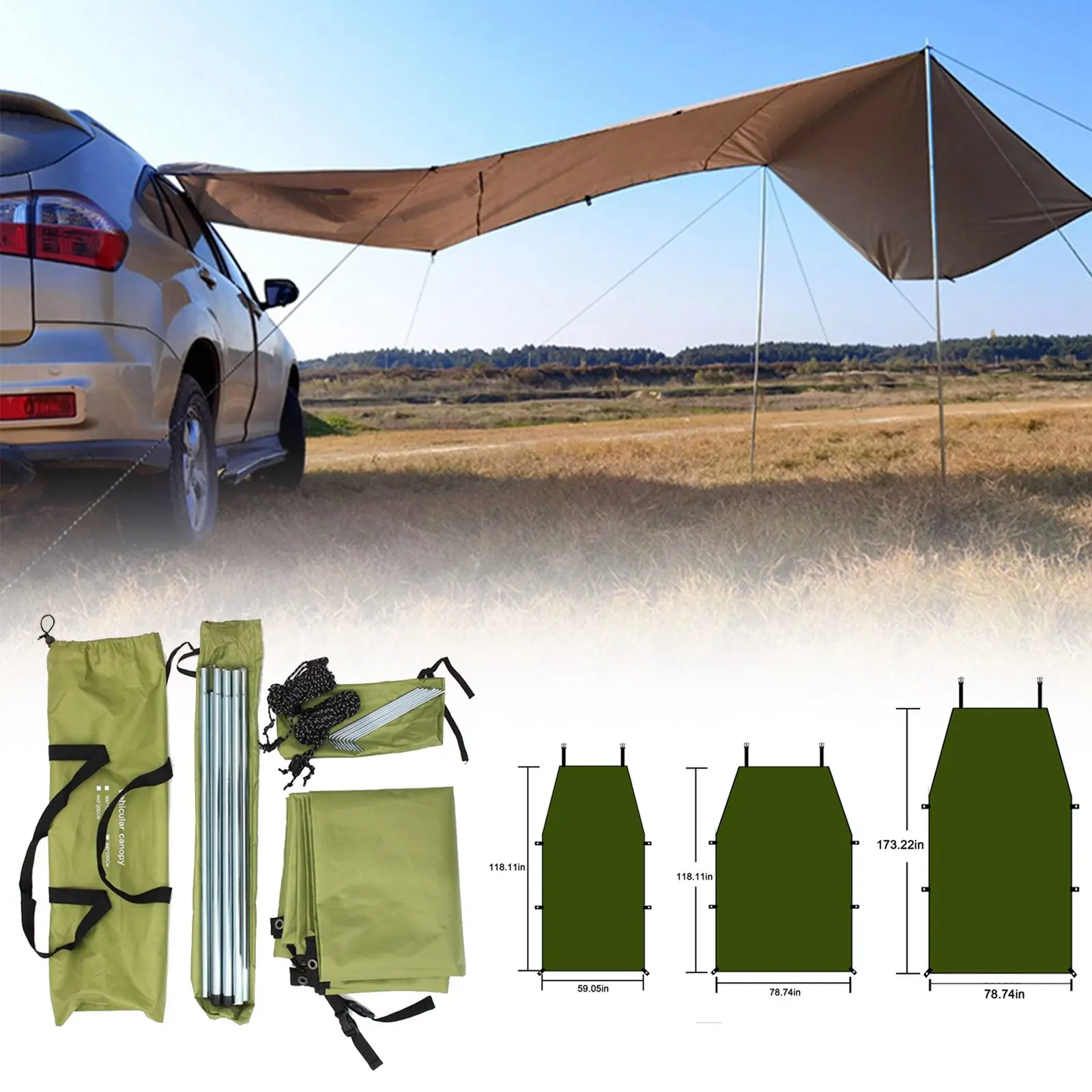 Portable Car Shelter, 440X200cm Camping Side Awning Car Sun Shade Sail Canopy Roof Top Tent for Caravan, Outdoor, SUV