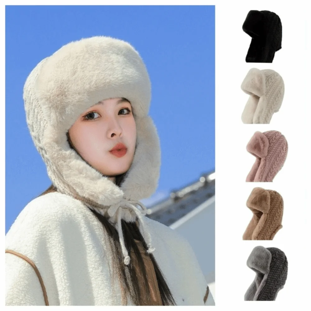 

Casual Knitted Men Women Pilot Hat Windproof Warm Faux Fur Lei Feng Hat Korean Fluffy Ear Protection Cap Outdoor