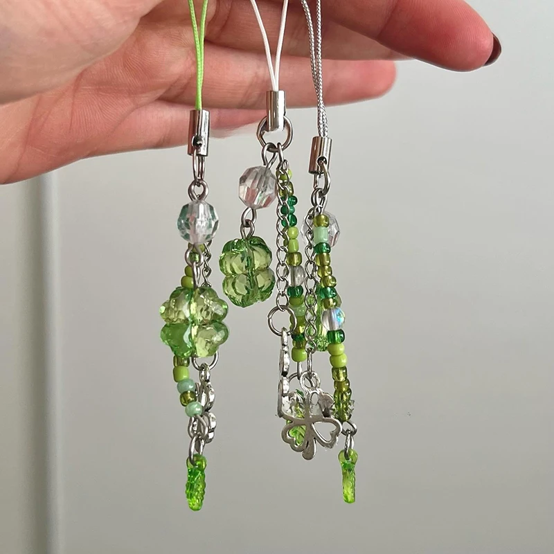 Handmade Beaded Phone Chain Lucky Four Leaf Clovers Phone Chain Colorful Keyring CCD Pendant Cellphone Accessory Ornament