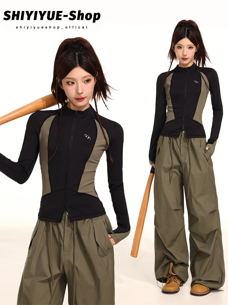 

Slim Fit Zipper Jaet Women's ort Sle Retro Patchwork Stand Collar Autumn Winter Faionable Versatile Top by IYUE