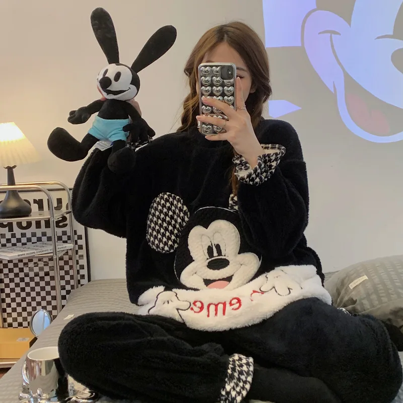 

Disney Anime Mickey Minnie Pajamas Plush Toys Kawaii Winter Coral Fleece Suit Cute Mickey Mouse Doll Warm Home Clothes Gifts