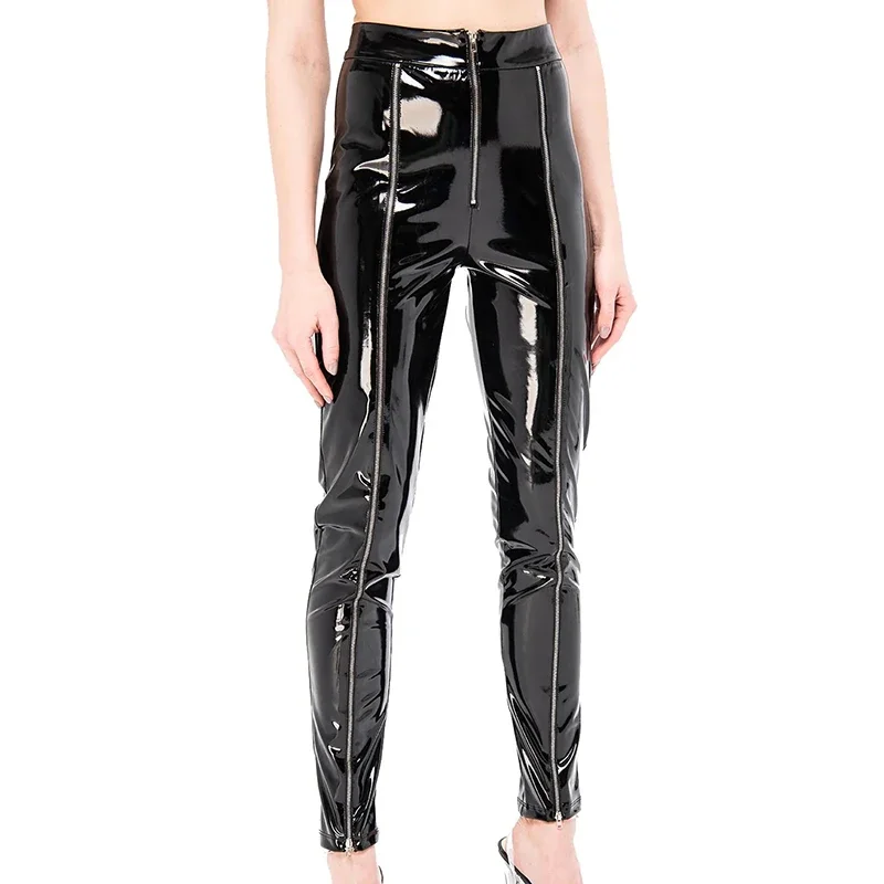 Women's Shiny Patent Leather Pants with Front Full Zip Gothic PVC Pensil Pants Stretch Slim Lady Faux Latex Trousers Streetwear