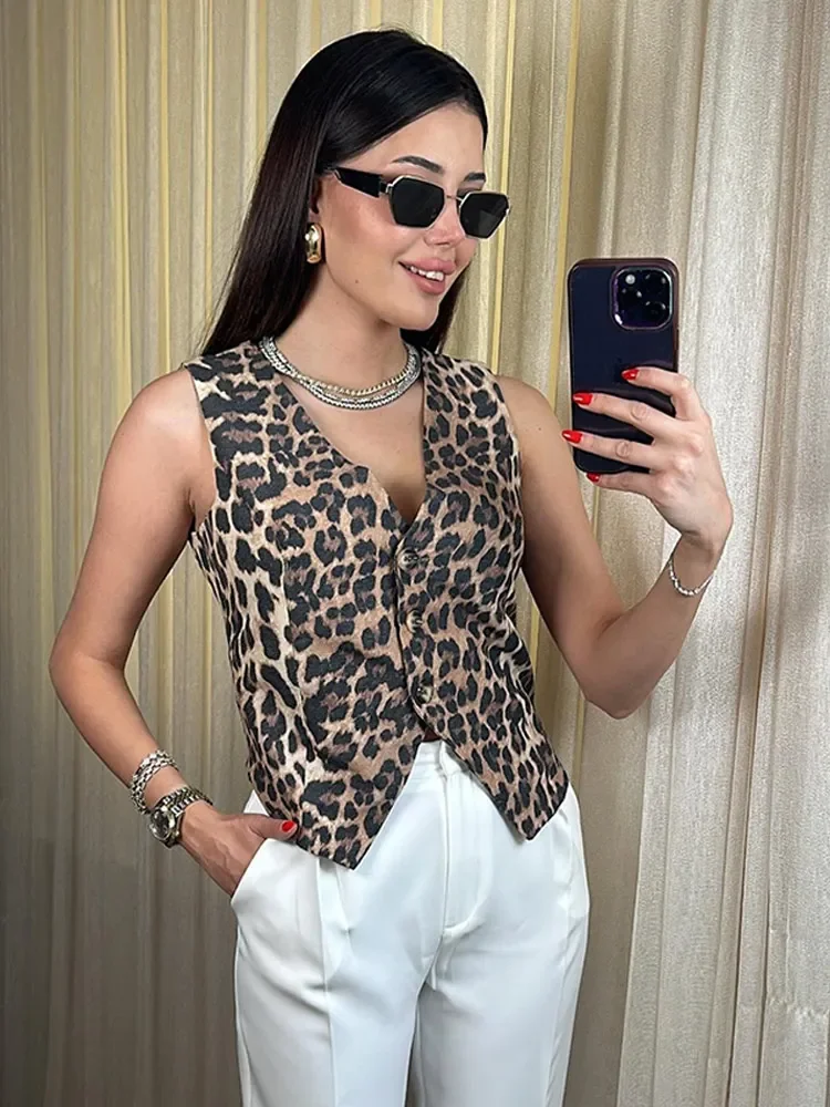 Sexy Leopard Print V Neck Sleeveless Vest Women Fashion Vintage Single Breasted Waistcoat Autumn Female Commuting Streetwear