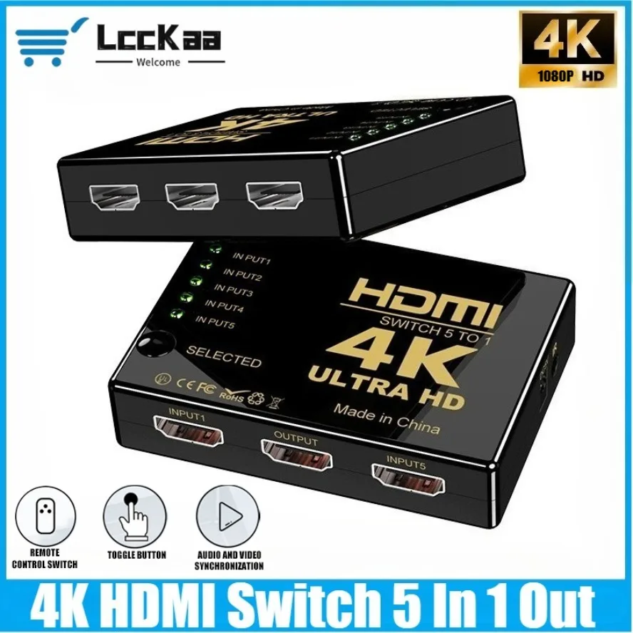 

4K HDMI Switch 5 in 1 Out HDMI Switches Selector Splitter Hub with IR Remote Controller HDMI Switcher for PS4 Xbox DVD PC HDTV