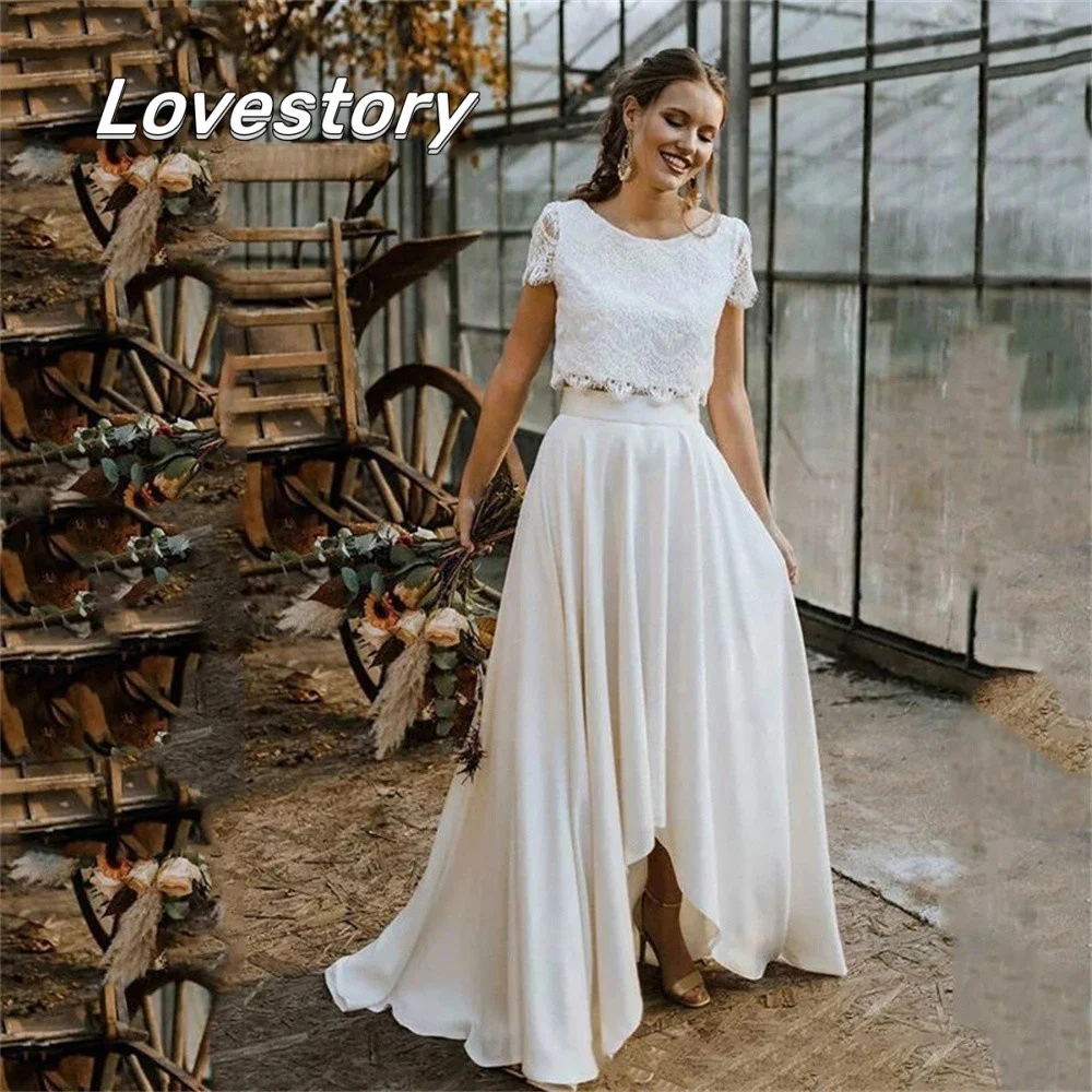 Nuovi abiti da sposa Boho 2 pezzi Appliques di pizzo alto basso abito da sposa scollo tondo maniche corte Vestidos De Noiva Button Illusion