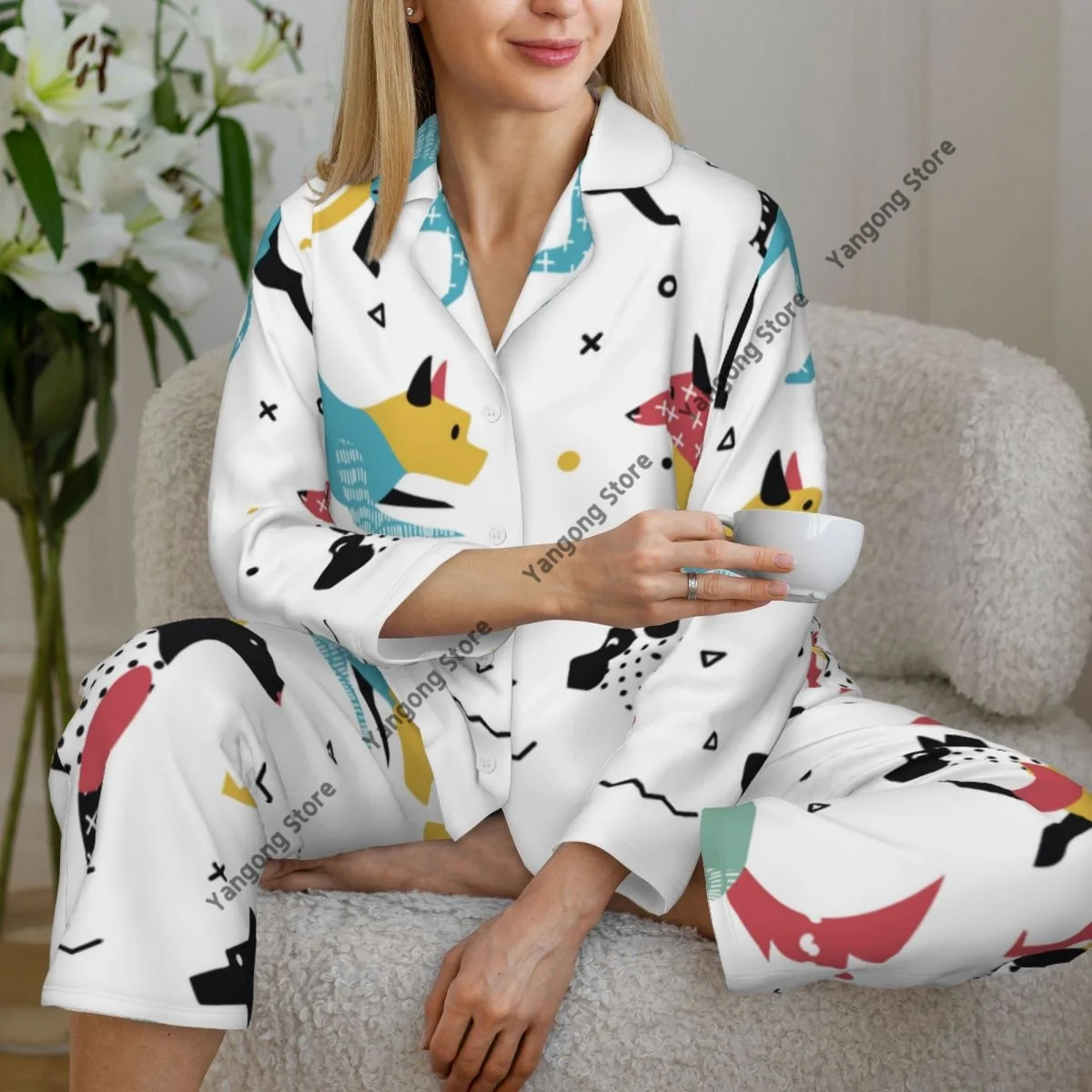 Women Sleepwear Loungewear Memphis Dogs And 80s Geometric Shapes Long Sleeve Lapel Neck Shirt Elastic Waist Pants Pajamas Set