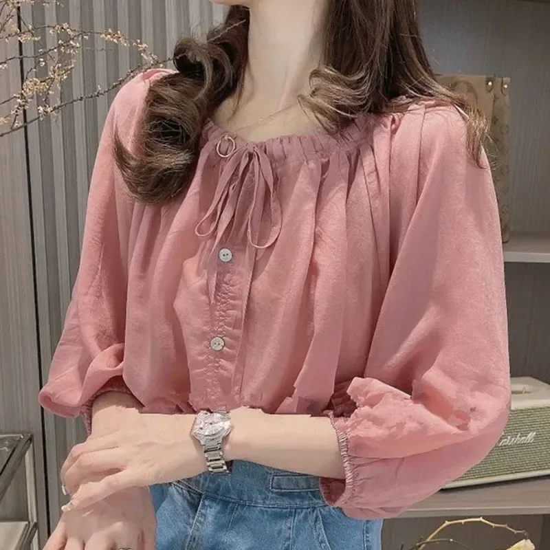 

Korean Simplicity Solid Color 3/4 Sleeve Blouse for Female Loose All-match Round Neck Lace Up Shirt Summer Women's Clothing