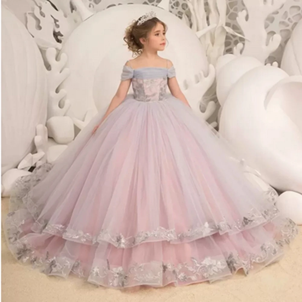 Appliqued Flower Girl Dresses Ruffles Toddler  For Wedding First Communion Girls Pageant  Kids Formal Wear Prom Celebration