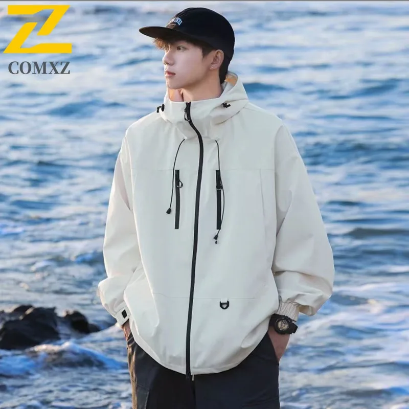 

COMXZ Мужская куртка с капюшоном для кемпинга, удобная легкая ветровка на молнии, украшение для пешего туризма, ветрозащитная осенняя одежда