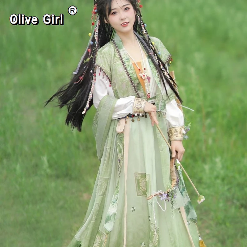 

Оригинальное платье Ханьфу Olivegirl для женщин: вышитый комплект в стиле Тан с круглым вырезом, юбкой с оборками и головным убором, весна-лето, для косплея