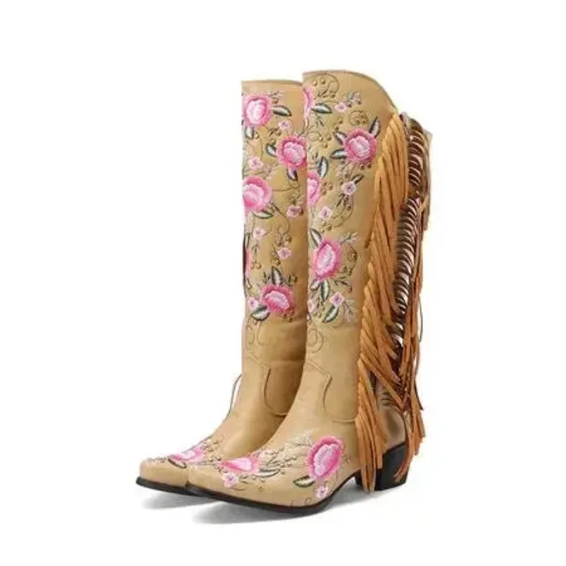 Cowboy Boots for Women Fringe Embroidery Flower Sweet Western Boots Cowgirls Roman Block High Heeled Shoes Autumn 2025