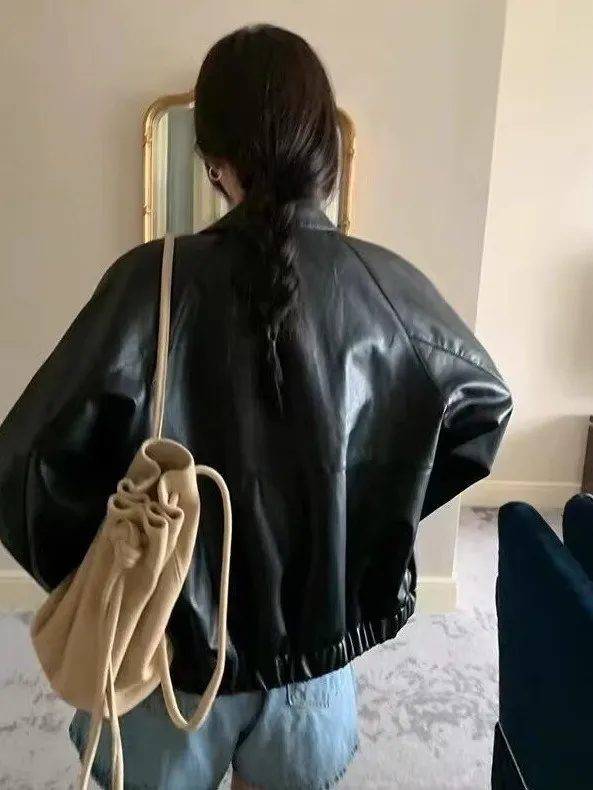 ゆったりとした女性用ブラレザージャケット、カジュアルなスプリング2025、ノースアイランドウールコート、ヴィンテージPUジャケット、通勤用防風