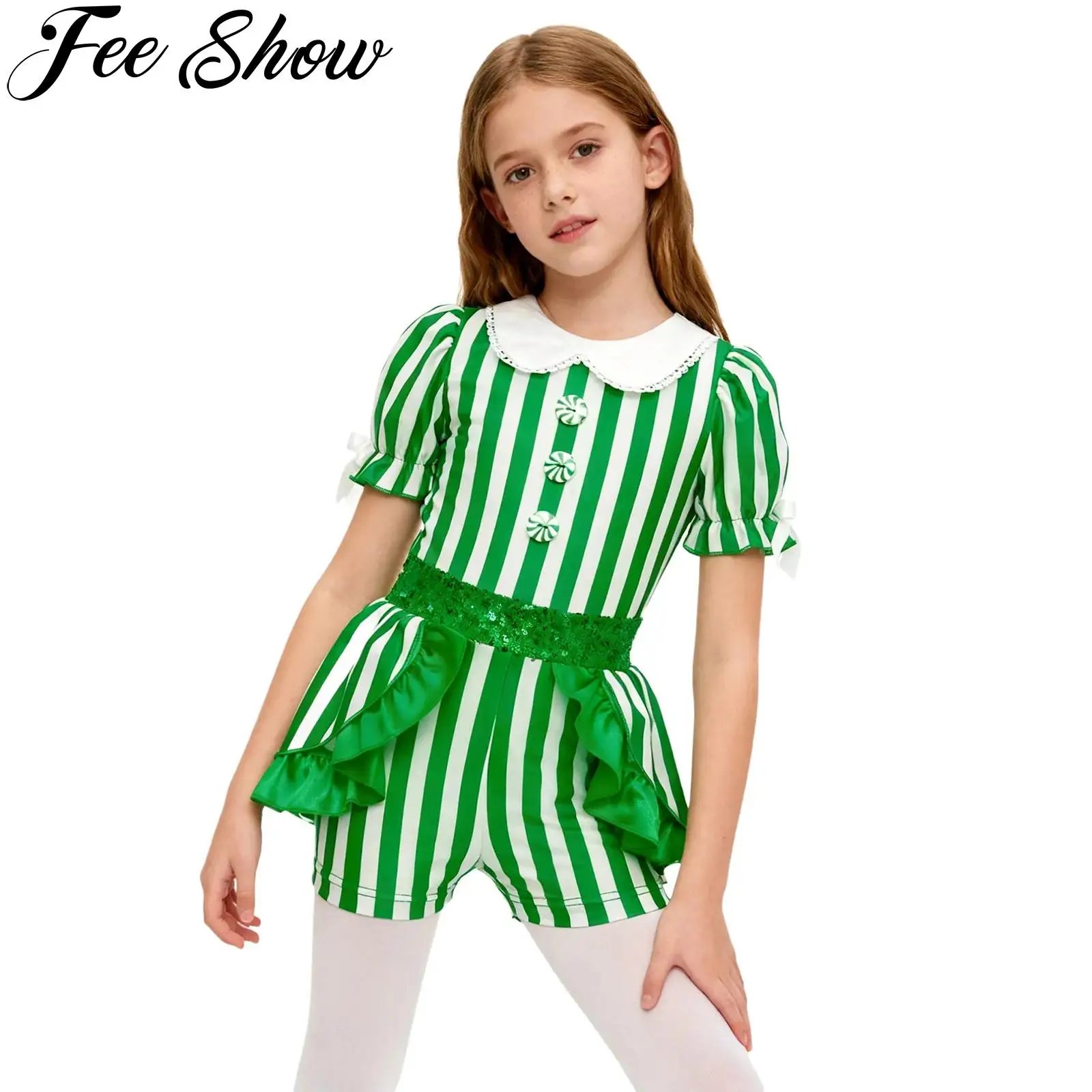 

Рождественский костюм эльфа Санты для девочек, полосатый комбинезон для балета, танцев и катания на коньках, праздничный новогодний вечерние гимнастический купальник