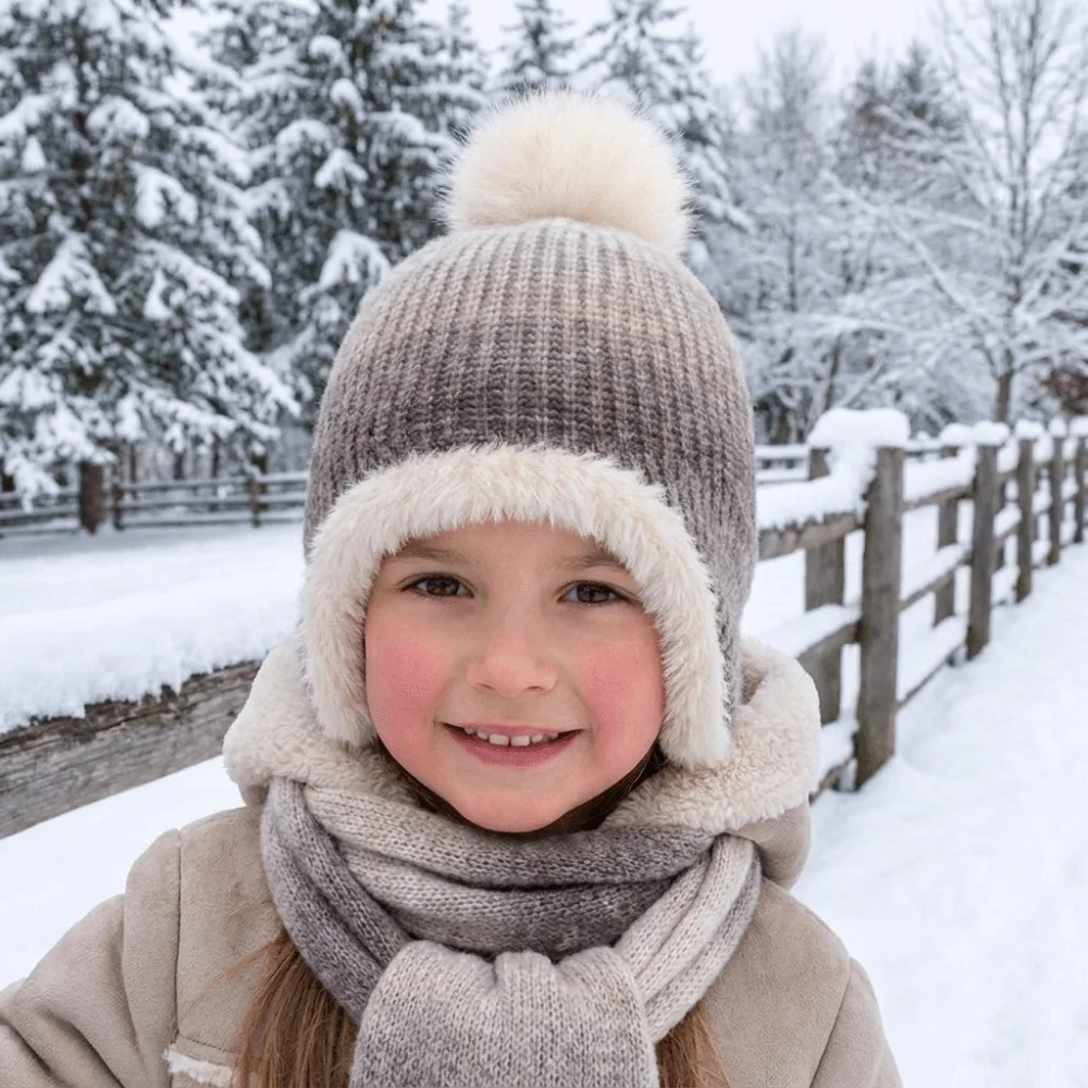 Soft Multicolor Kids Knitted Hat Hairball Fleece Lining Knitted Bucket Hat Pompom Warm Ear Protection Hat Winter