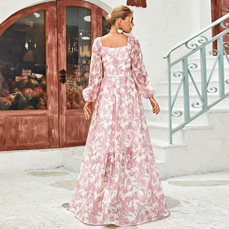 Falda grande tejida con cuello cuadrado, moda bohemia rosa, vestido con abertura de palabra, nuevo temperamento simple, ropa de mujer de alta gama
