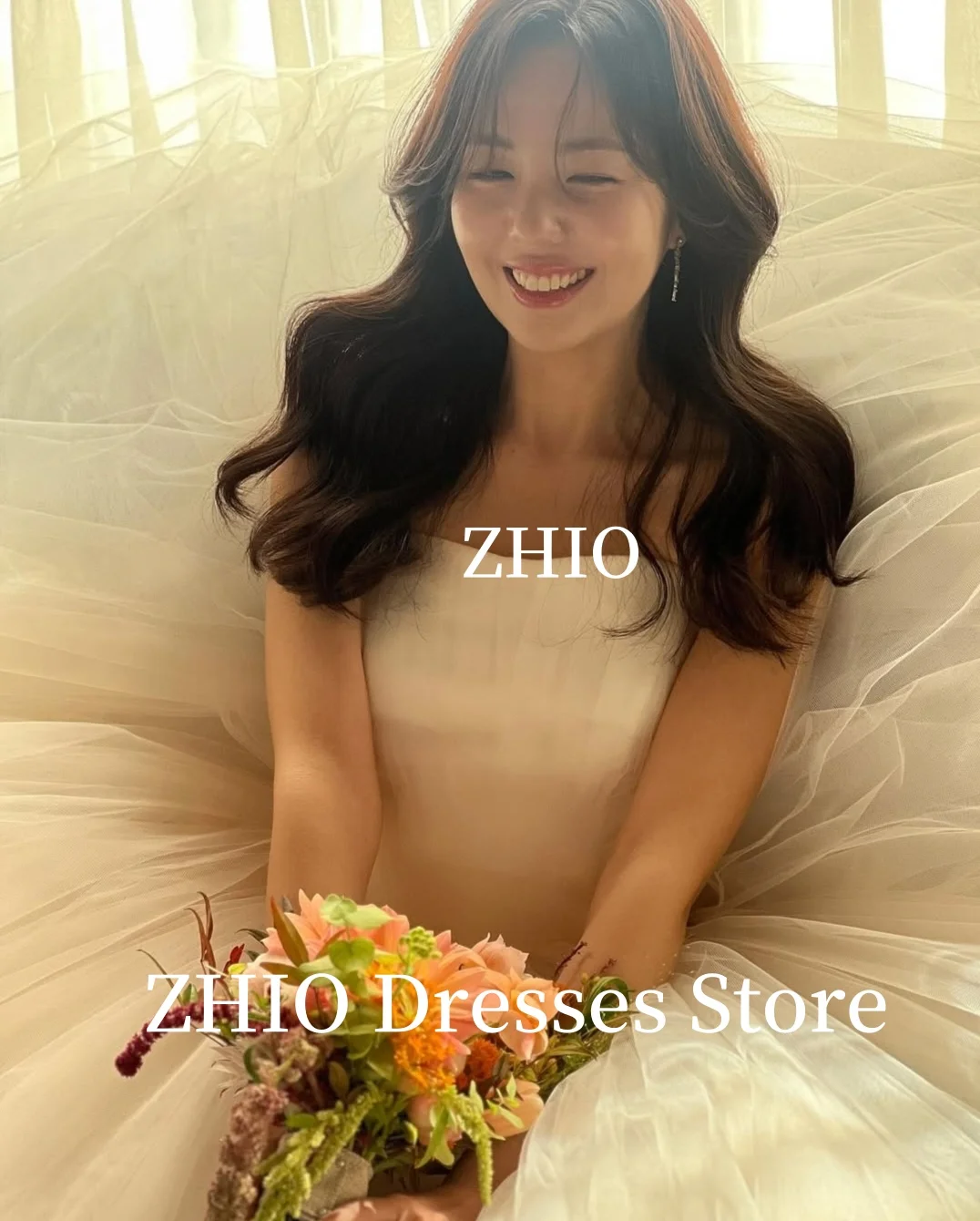 ZHIO فستان زفاف الأميرة على شكل حرف A طول الأرض بدون حمالات تول متعدد الطبقات فستان زفاف كوري لالتقاط الصور مخصص أنيق