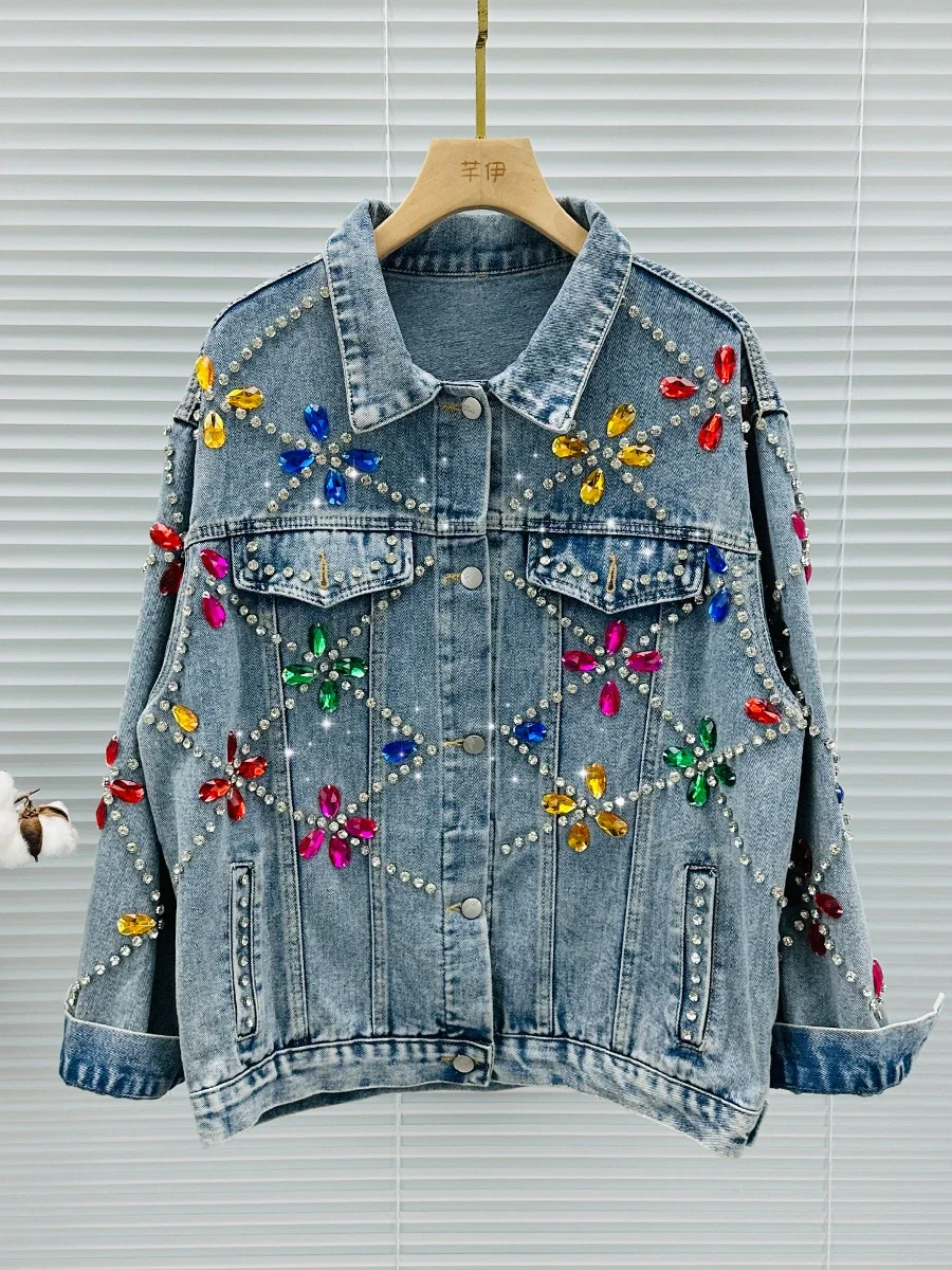 Exquisite Rhinestone Denim Coat Female 2024 Autumn New Fashionable Loose All-Match Streetwear Long Sleeve Women Jackets