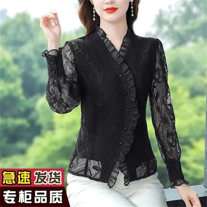 Design Shirt 2023 Spring Autumn New Lace Shirt Tops Women\'s V-Neck Long-Sleeved Foreign Temperament Red Shirt Is Thin Blousers