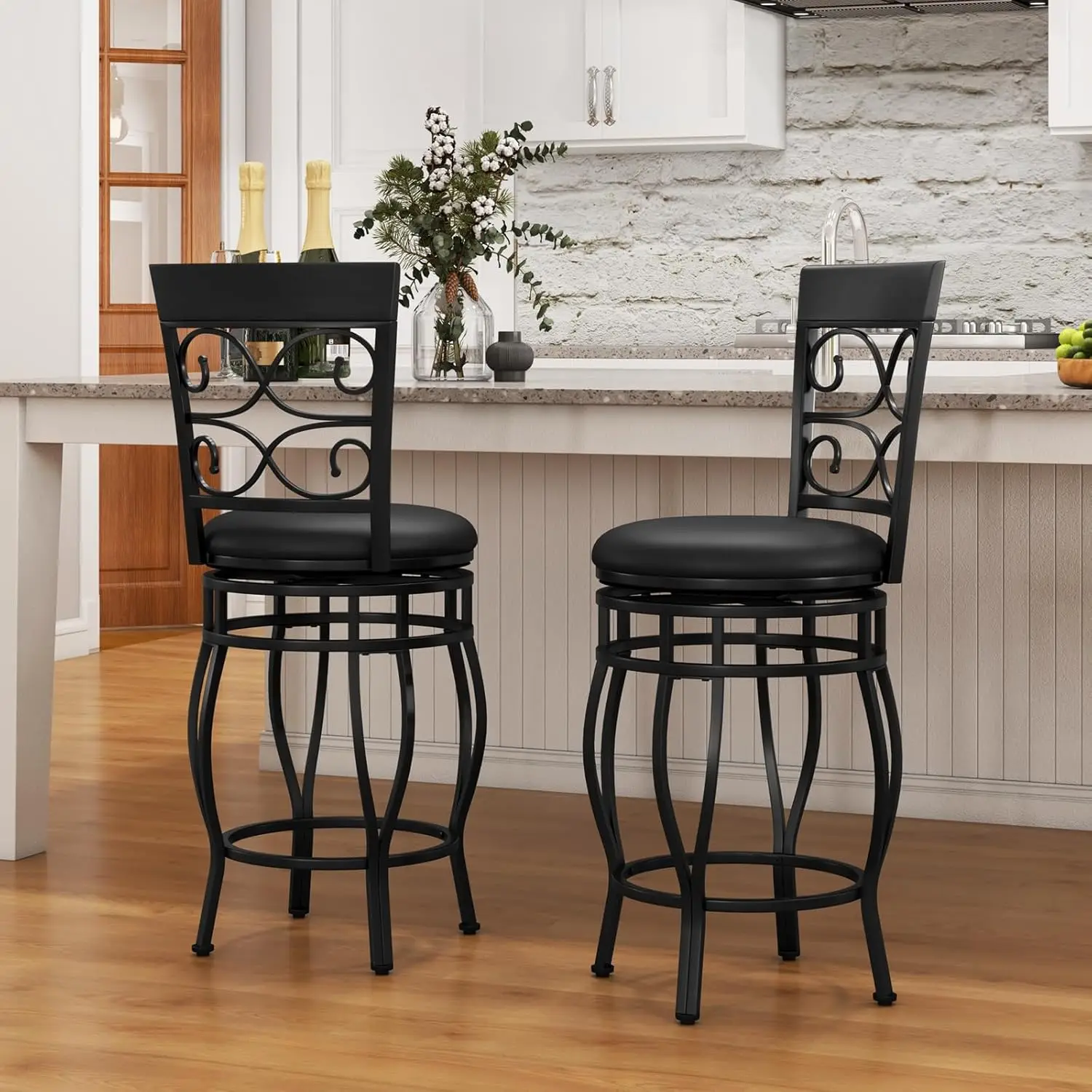 Costway Bar Stools Set Of 2, 25.5 Inch Counter Height Swivel Bar Stool, With Backrest & Footrest, Retro Style 360°Swivel