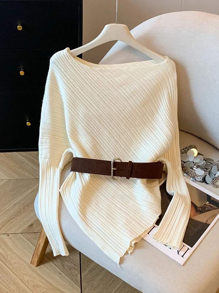 

Ленивый стиль, вязаный свитер с открытыми плечами и длинными рукавами, женский осенний свитер неправильной формы, нишевый свитер с поясом