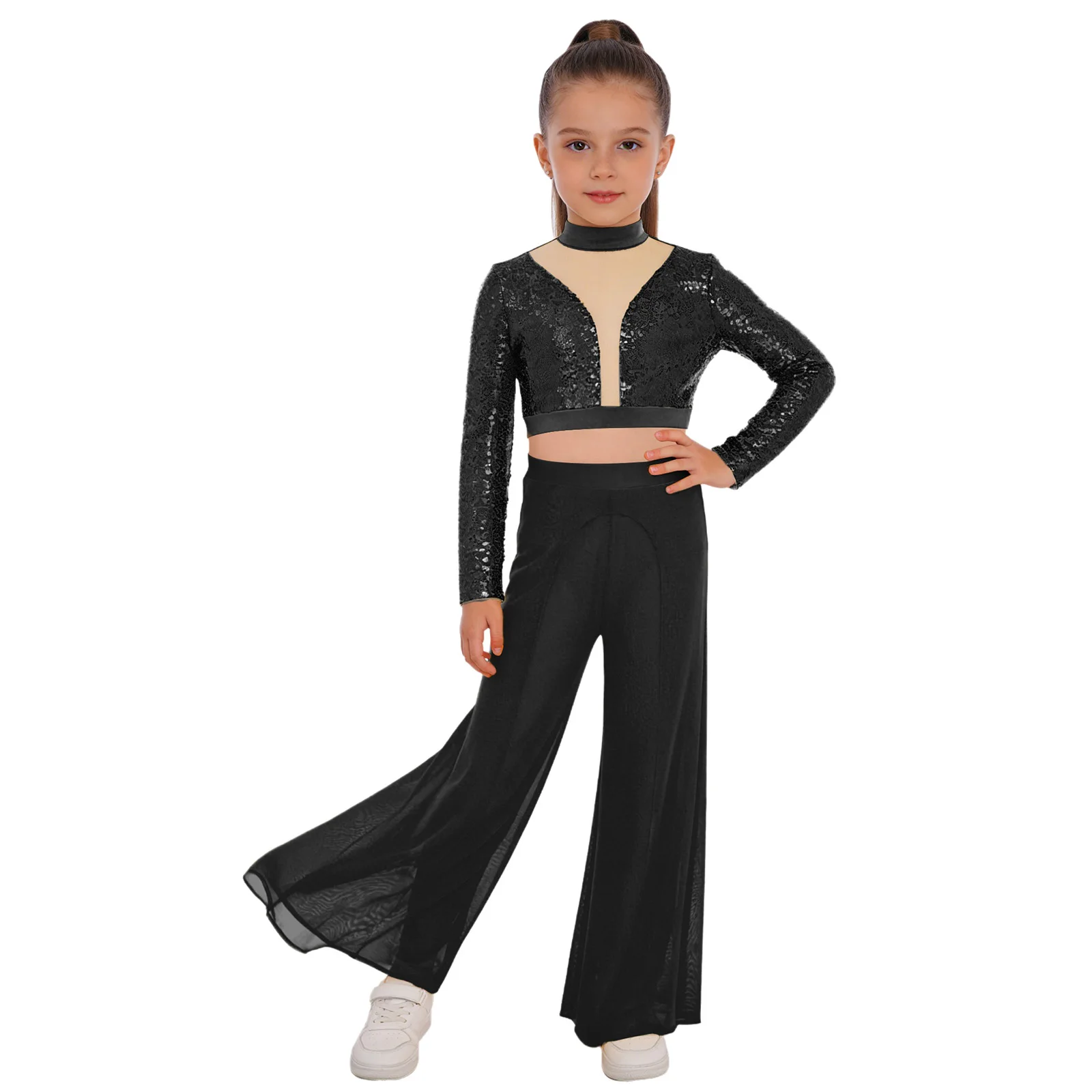 Kids Girls Lyrical Dance Costume Long Sleeve Shiny Sequins Crop Top with Mesh Wide-Leg Pants for Ballet Figure Skating Gymnastic