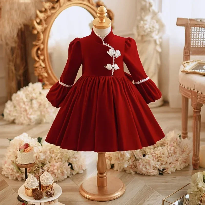 

New Fashion Wine Red Flower Girl Dress Children's Baptism Princess Gown Wedding Birthday Eid Party Dresses For Baby Little Girls