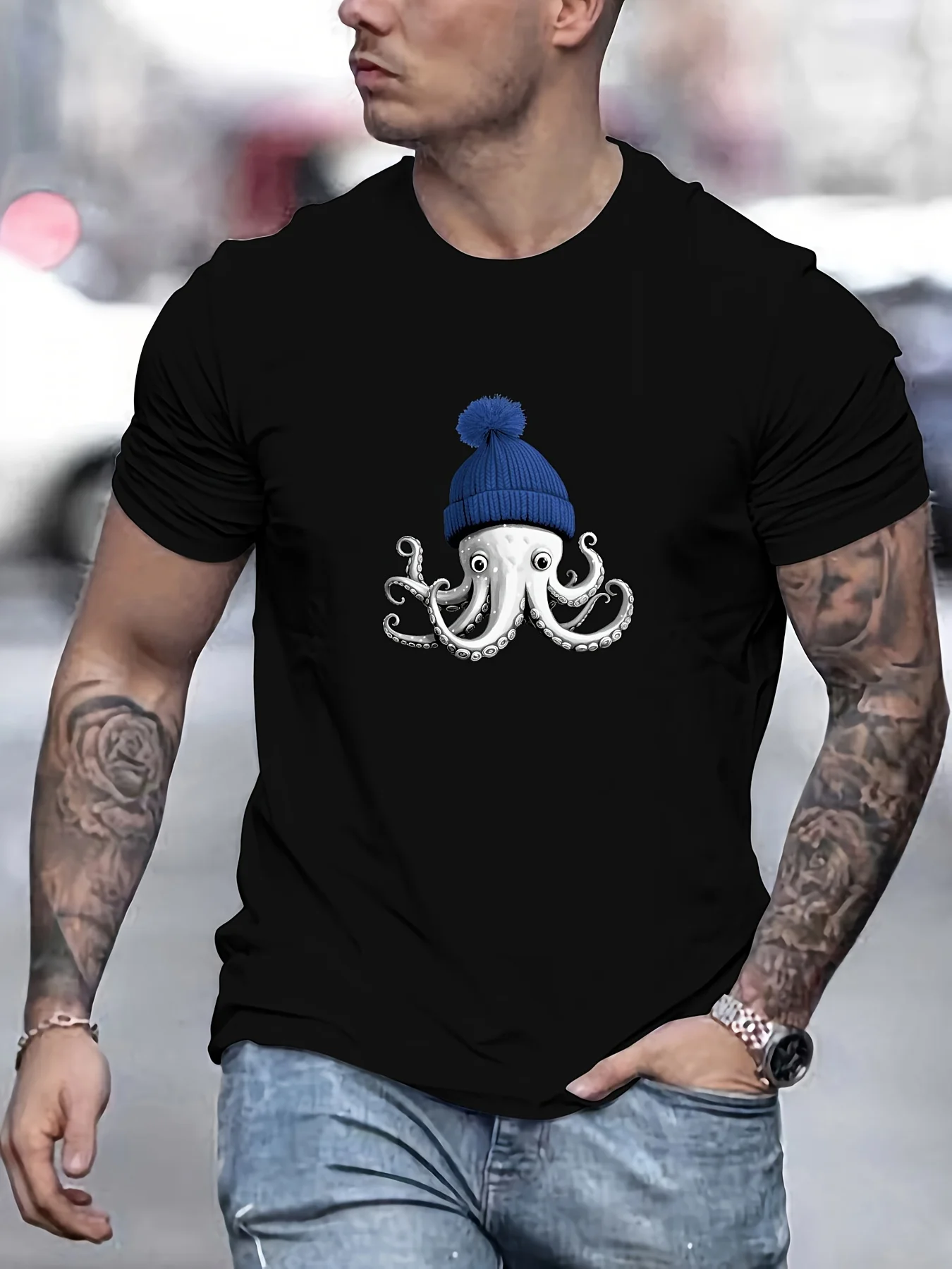 Octopus Wearing Beanie Graphic Print Men's Casual Cotton Short Sleeve T-Shirt Daily Summer Tee