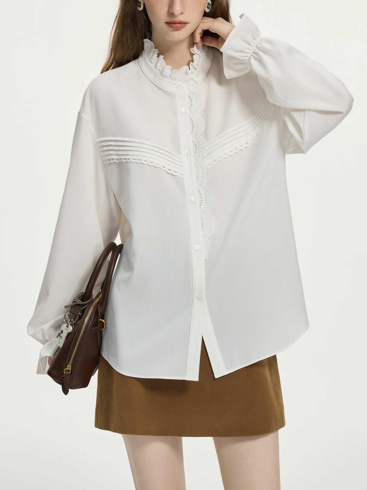 

FSLE Women White Long Sleeve Shirts Ruffled Stand Collar Design Temperament Solid Loose Lantern Sleeve Blouse Tops 24FS14686