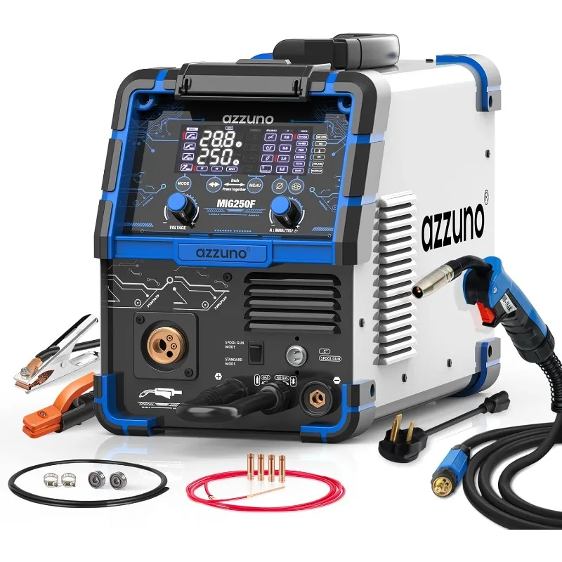 AZZUNO Aluminum 250Amp MIG Welder,6 in 1 Gas MIG/Gasless Flux Core/Stick/Lift TIG/Spot Welding/Spool Gun Compatible Welding