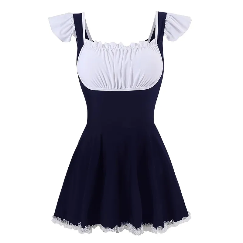 JK สาวแม่บ้านสไตล์ Lolita ชุดว่ายน้ํา One Piece ชุดว่ายน้ําชุดสตรีฤดูร้อนหวาน Ruffle แขนกุดชุดว่ายน้ําเปลือยชุด
