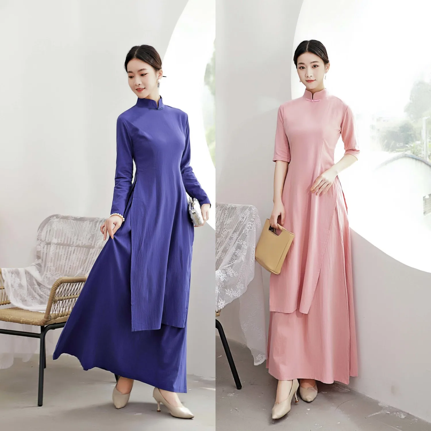 Ao Dai Dress Retro Long Cheongsam Dress large-size Art Retro Ao Dai Dress Women Elegant Daily Improved Qipao Clothing