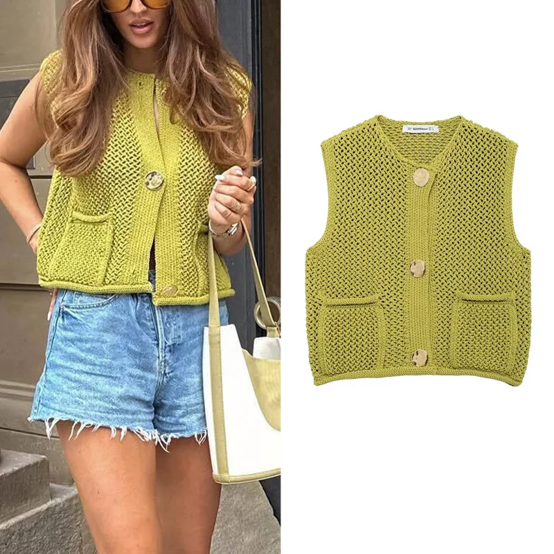 TRAF Green Knitted Top 2024 Women Summer Autumn Elegant Cropped Tank Vest Tops Ladies Fashion Casual Sleeveless Short Sweater