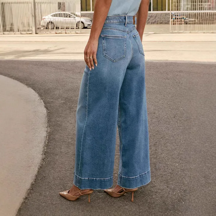 Jean taille haute en détresse pour femmes, pantalon à jambes larges, longueur cheville, ample, fermeture éclair, délavé, Vintage, été