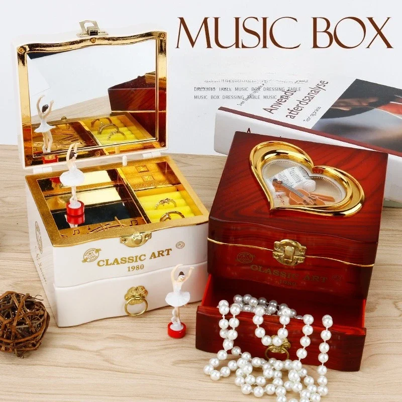 Vintage Wooden Musical Jewelry Box Hand-Crank Wind-Up Dancing Ballerina with Mirror Retro Home Decor Gift
