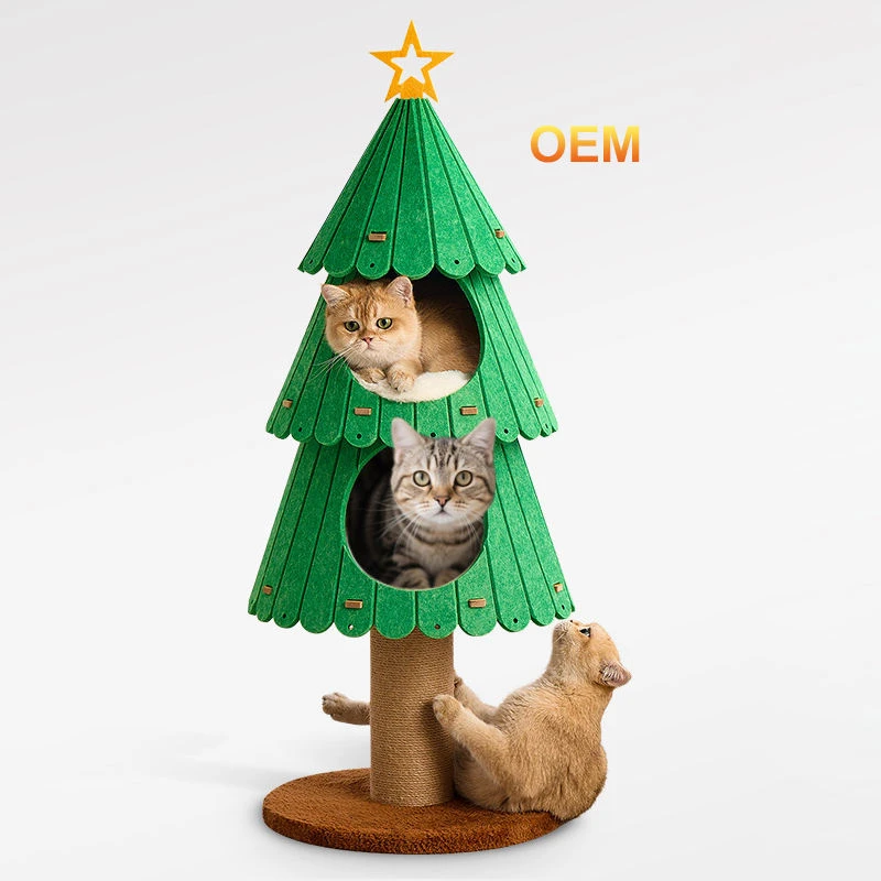 Green Christmas Tree Cat Tree Tower - Multi-Level Condo with Sisal Scratching Post Plush Base