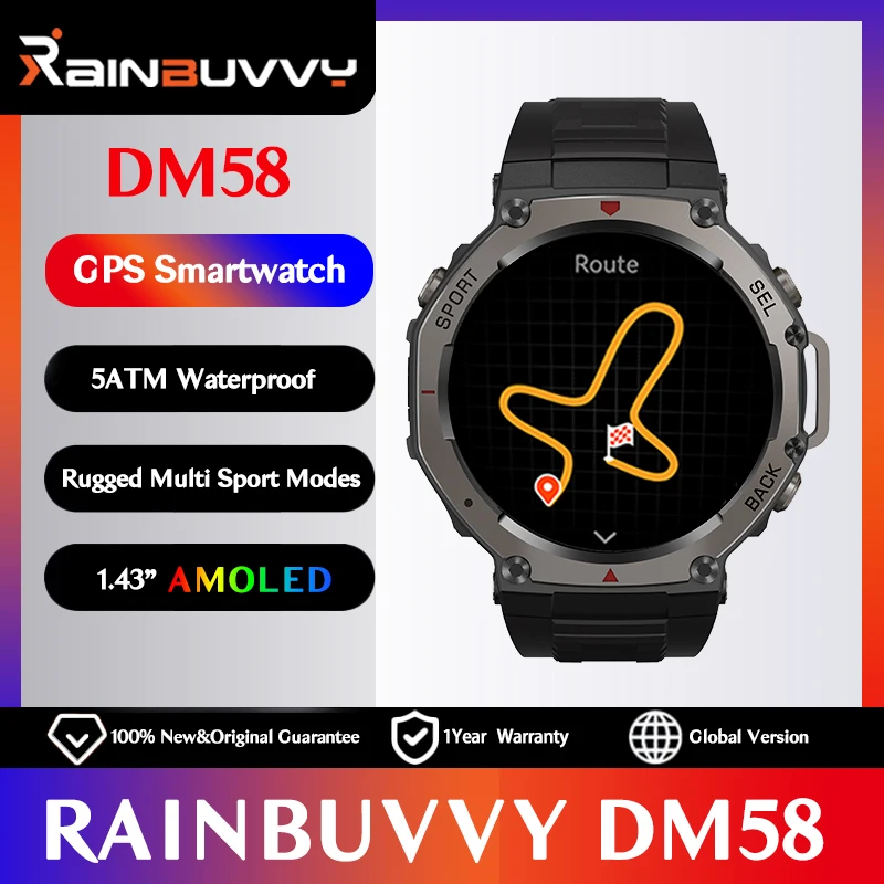 Rainbuvvy DM58 GPS Смарт-часы 1,43-дюймовый AMOLED IPS-дисплей Сердечный ритм Кислород в крови 5ATM Водонепроницаемые прочные умные часы