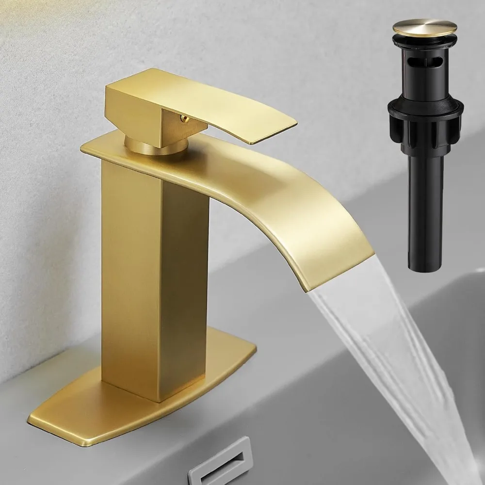 Brushed Gold Single Hole Waterfall Spout Faucet, Stainless Steel Lever Vanity Sink Faucet with Drain, Hose and Deck Plate