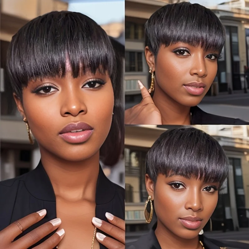 

Short Pixie Cut Wig Human Hair For Women Machine Made Wigs With Bangs Colored Wigs