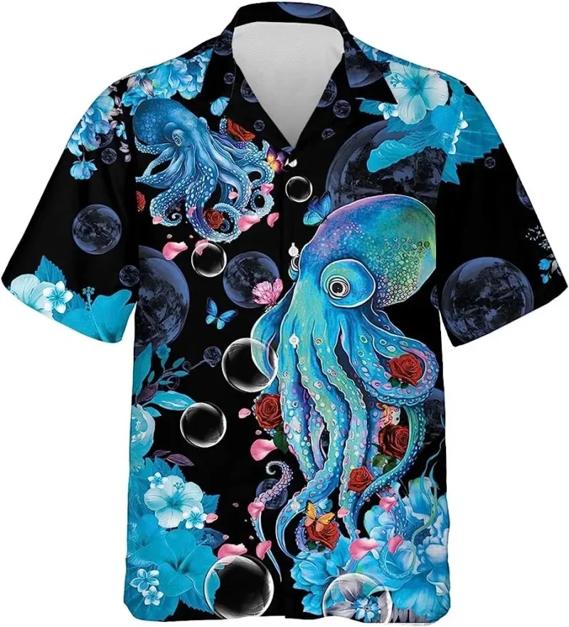 Summer Men\'s Shirt Ocean Sea Animal 3D Print Short Sleeve Men\'s Lapel Button Personalized Commuting Hawaiian Style Shirts