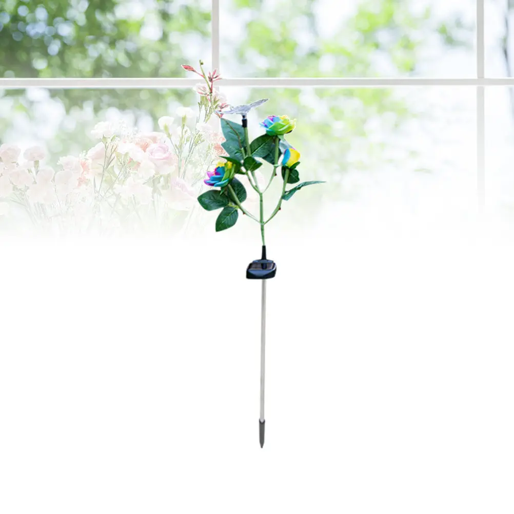 Solar Powered Rose Lights Garden Stake Outdoor Decorative LED Lawn Lamp for Pathway Yard with Rainbow Flowers And Butterfly