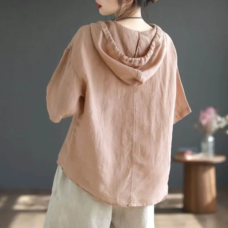 Linen Shirts for Women Vintage Half Sleeve Hooded Shirts Loose Casual Cardigans Korean Fashion Lace-up Retro Blouse Women Tops