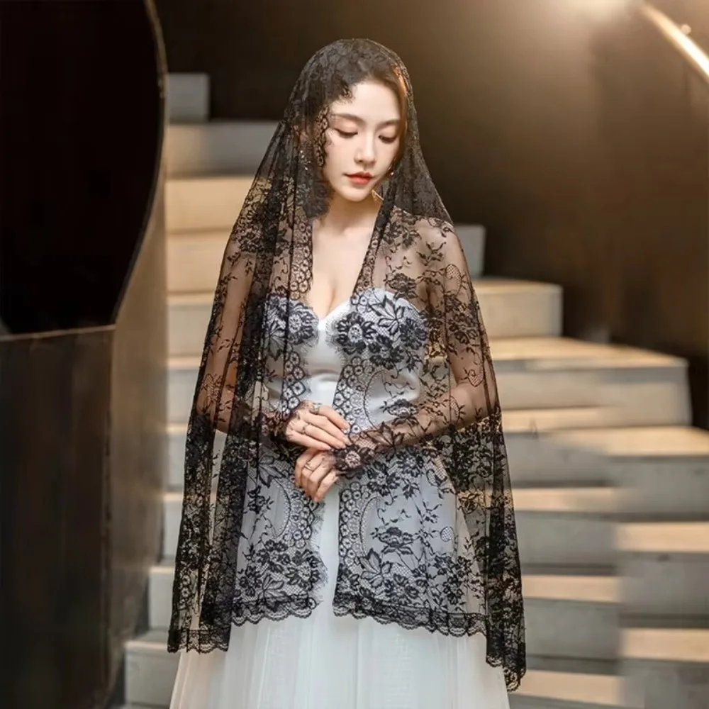 New Lace Women Shawl Black Long Wedding Veils Flower Bride Head Covering Mantilla