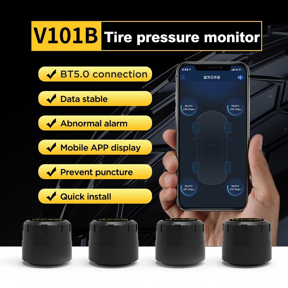 

V101B Монитор давления в автомобильных шинах BT5.0/BT4.0 TPMS 4 датчика с дисплеем мобильного приложения, ненормальной сигнализацией, устойчивыми данными и быстрой установкой