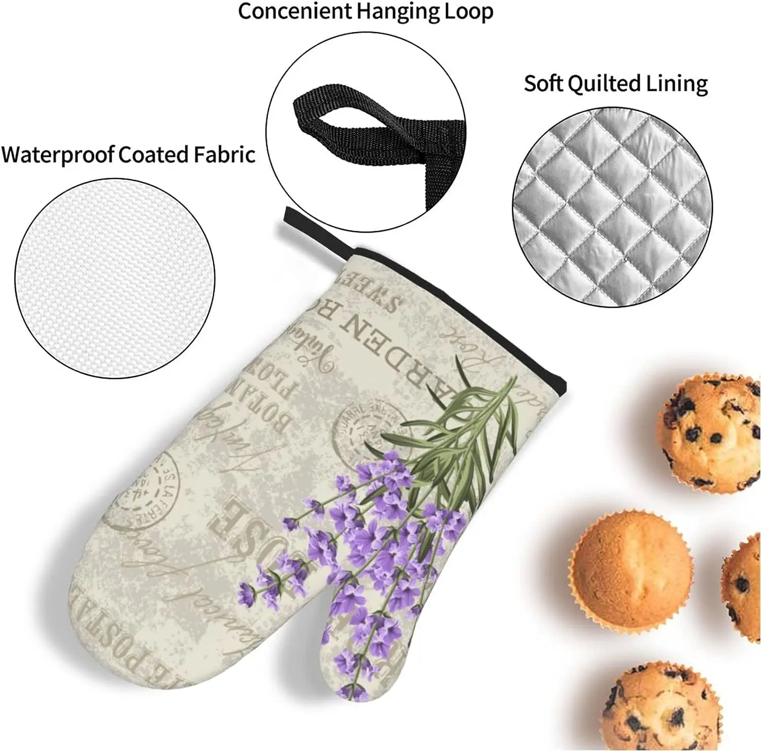 Oven Mitts and Pot Holders Sets of 4 Vintage Lavender Flower Stamp Kitchen Potholder Gloves Heat Resistant Non-Slip for Cooking