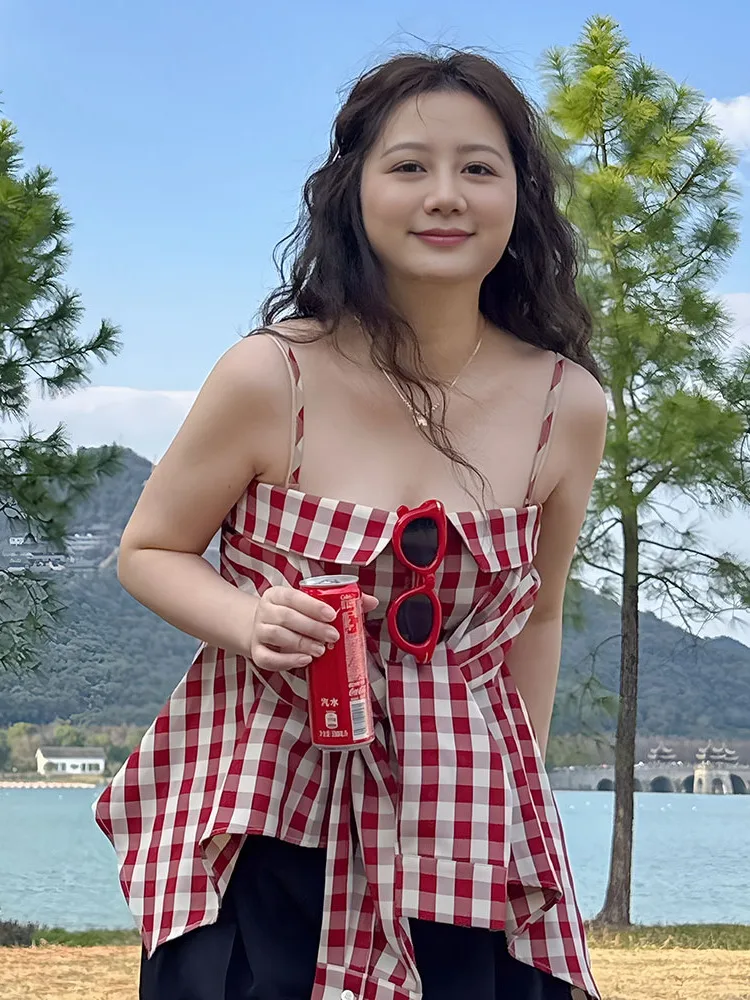 plus Size Sweet Spicy Red Plaid Strap Vest Women Spring Summer Slimming Innerwear Outerwear Shirt Top Cover up Conceal Meat
