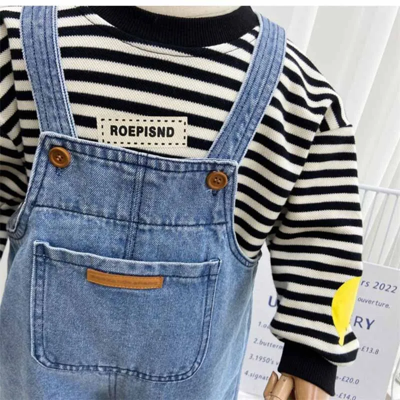 2024 Children\'s Backpack Pants Boys Solid Color Denim Jumpsuit Spring Autumn New Girls Simple Casual Fashion Trousers 2-8 Years