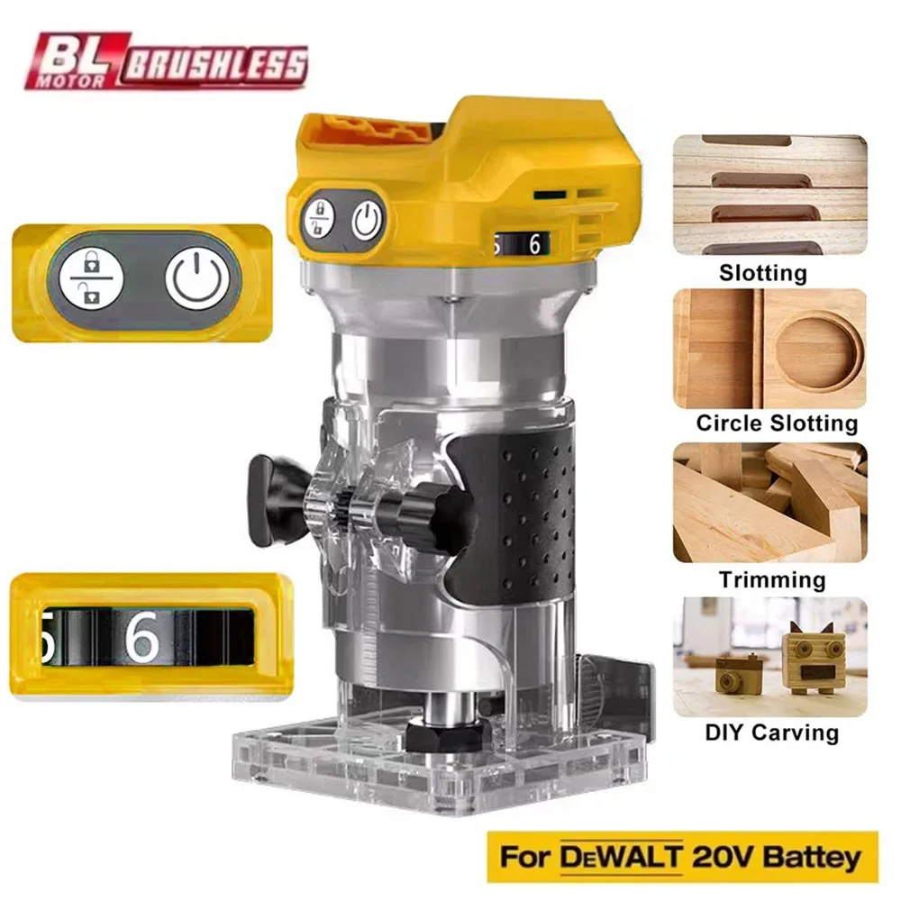 Brushless Electric Trimmer Woodworking Trimming Machine Wood Router Milling Engraving Slotting Machine Fit Dewalt 18V Battery