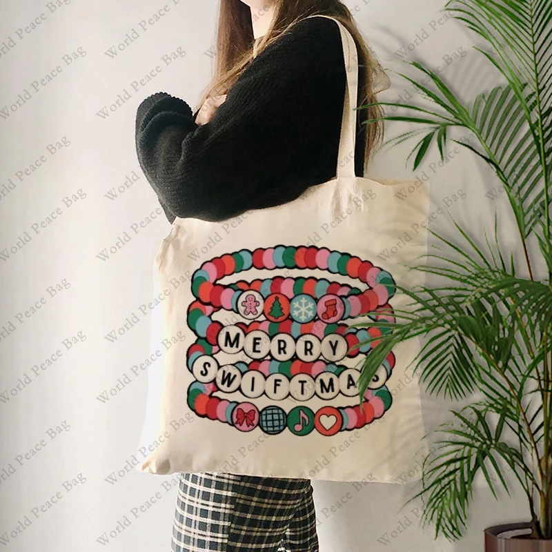 1 pc Merry Swiftmas Friendship Bracelet pattern Tote Bag Canvas Shoulder Bag For Travel Daily Commute Women's Reusable Shopping