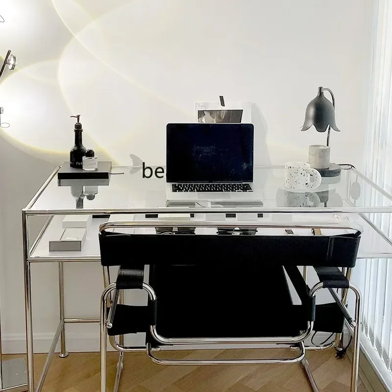 Medieval stainless steel dressing table rectangular multi-layer  glass office makeup table