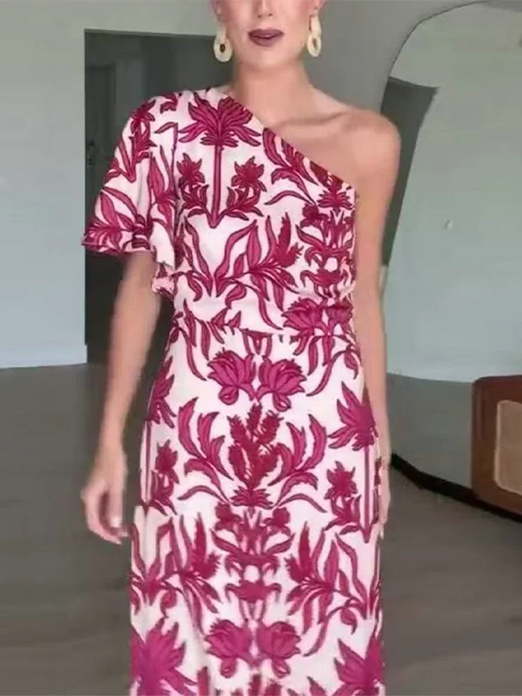 

Elegant One Shoulder Women Printed Maxi Dress Fashion Short Sleeveless Backless High Waist Long Dresses Summer Lady Party Robes